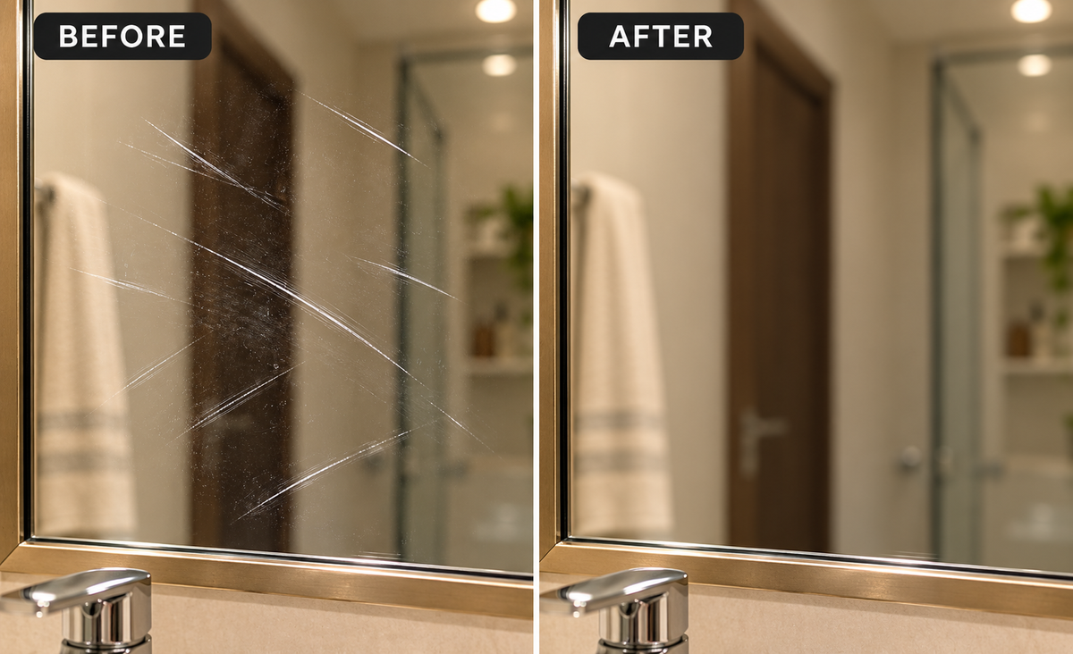 Illustrative before and after appearance comparison of bathroom mirrors