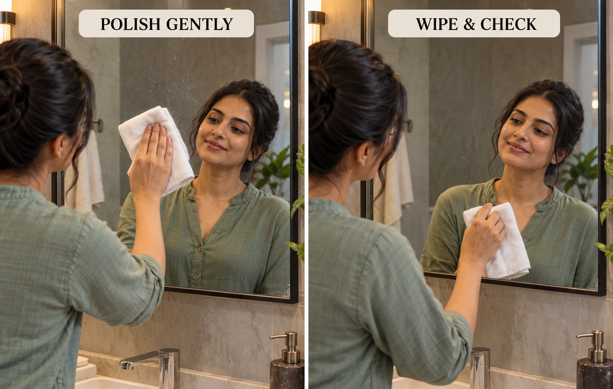 Illustrative woman gently polishing and inspecting a household mirror