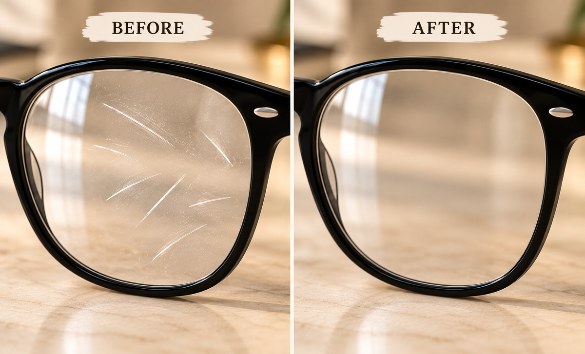Illustrative before and after appearance comparison of everyday eyewear