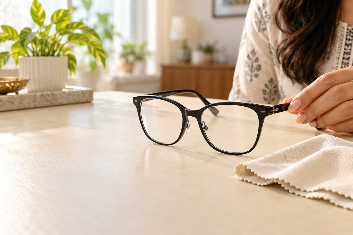 Everyday eyeglasses and a soft cloth in a home setting