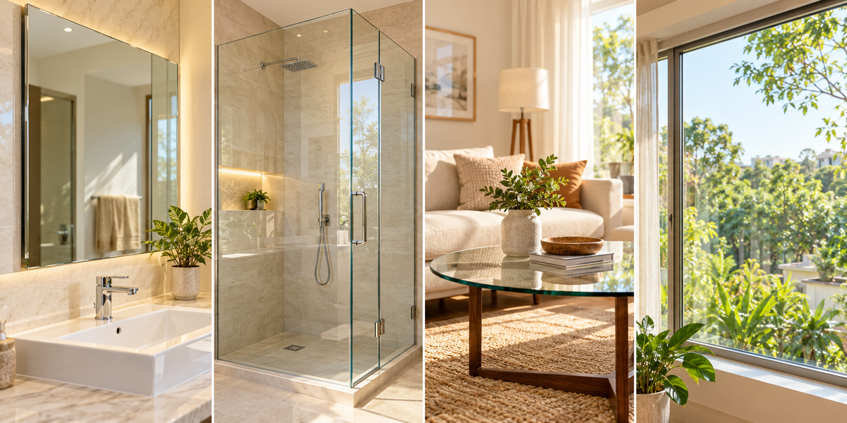 Bathroom mirror, shower glass, glass tabletop and household window