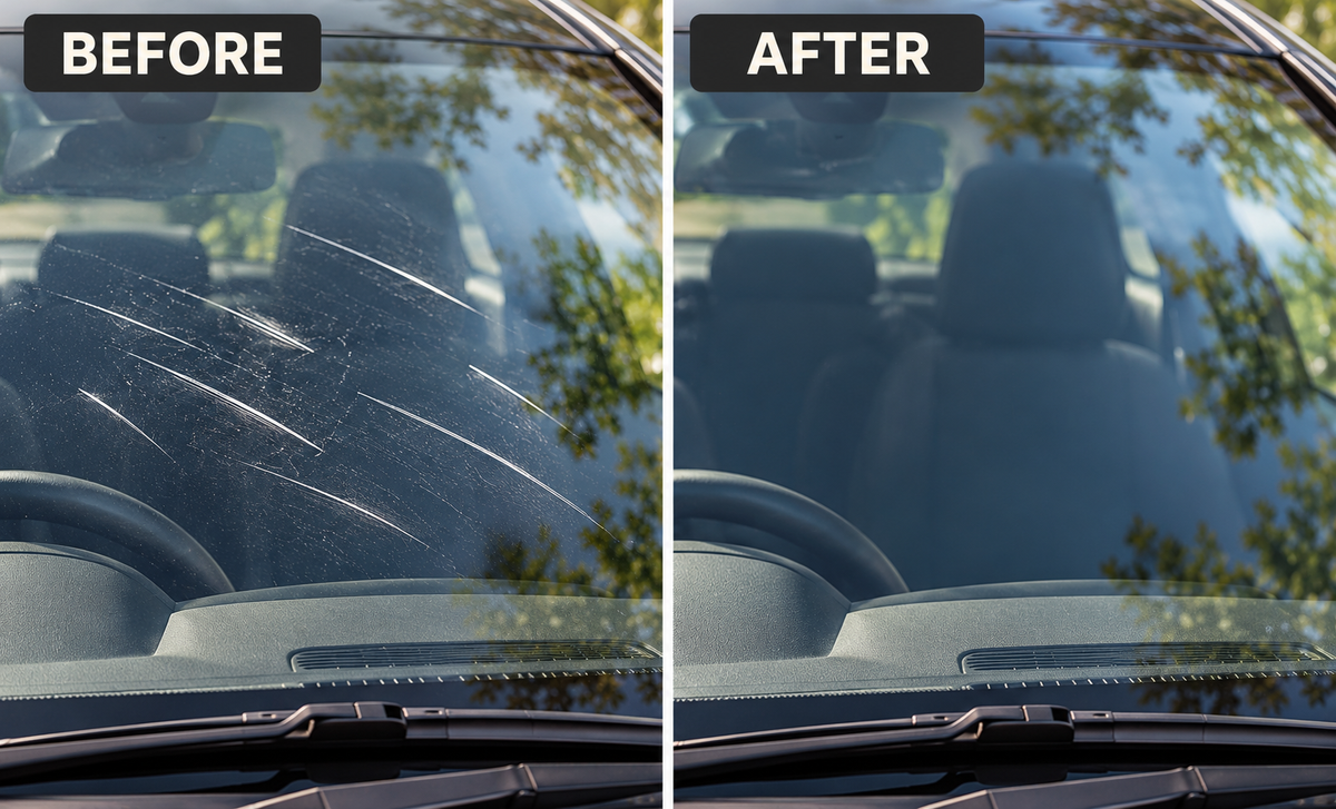 Illustrative before and after appearance comparison of car glass