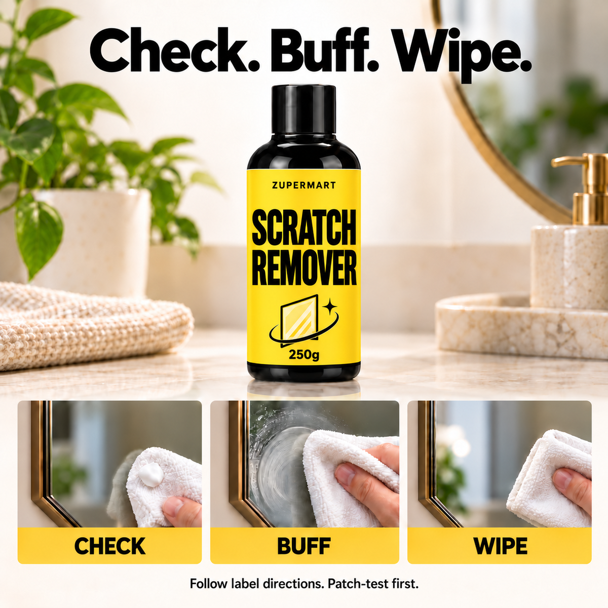 Scratch Remover250g check, buff and wipe application guide